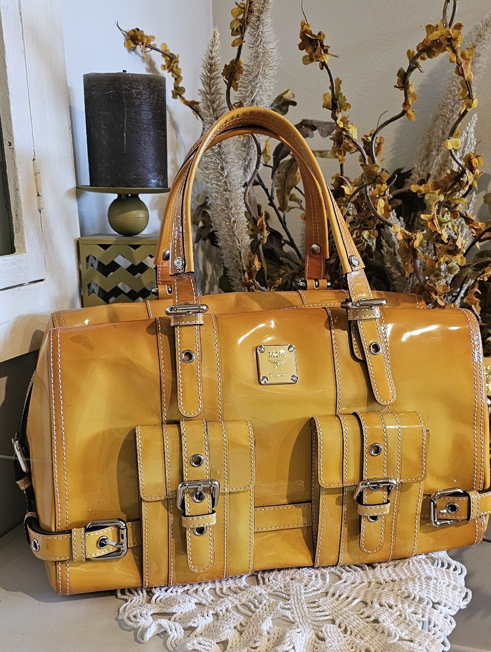 MCM Yellow Patent Leather Boston Satchel Bag